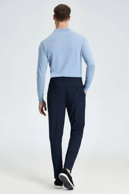 Keten Yün Karışım Lacivert Klasik Dokuma Pantolon