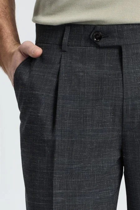 Keten Yün Karışım Siyah Klasik Dokuma Pantolon