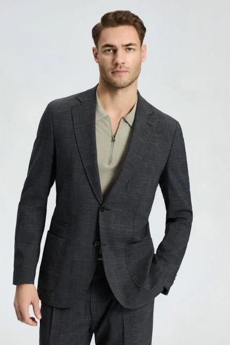 Keten-Yün Karışım Siyah Yazlık Blazer Ceket