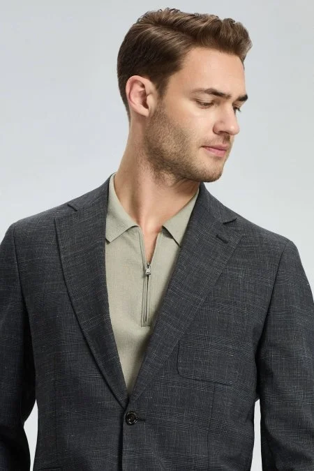 Keten-Yün Karışım Siyah Yazlık Blazer Ceket