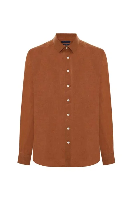 Kiremit Rengi Saf Keten Spor Gömlek