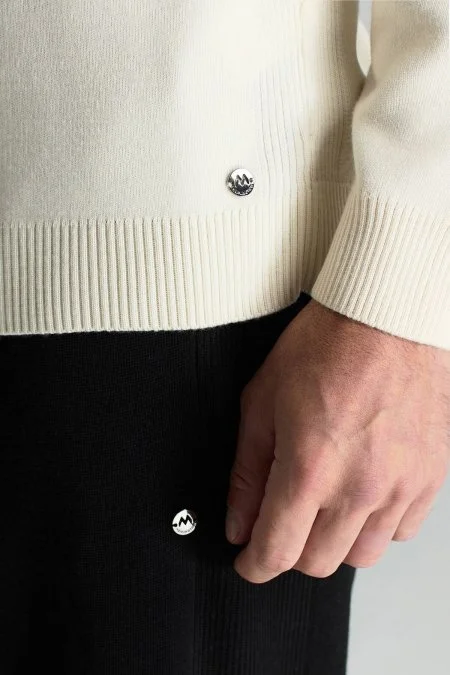 Kırık Beyaz Fermuarlı Merino Yün Activewear Triko