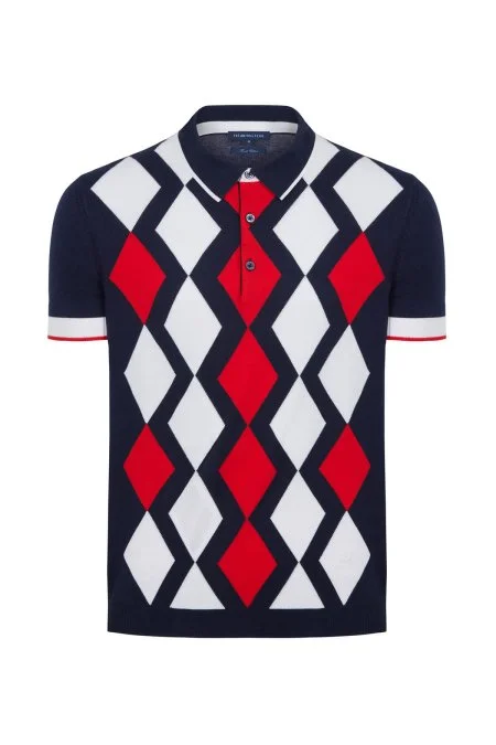 Lacivert Kırmızı Argyle Desen Triko Polo