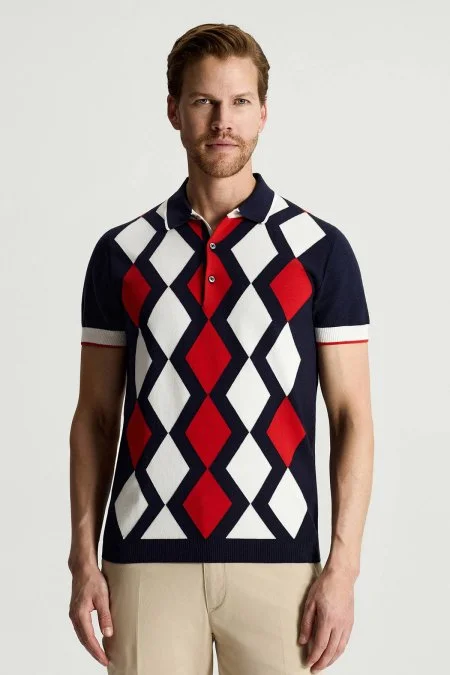 Lacivert Kırmızı Argyle Desen Triko Polo