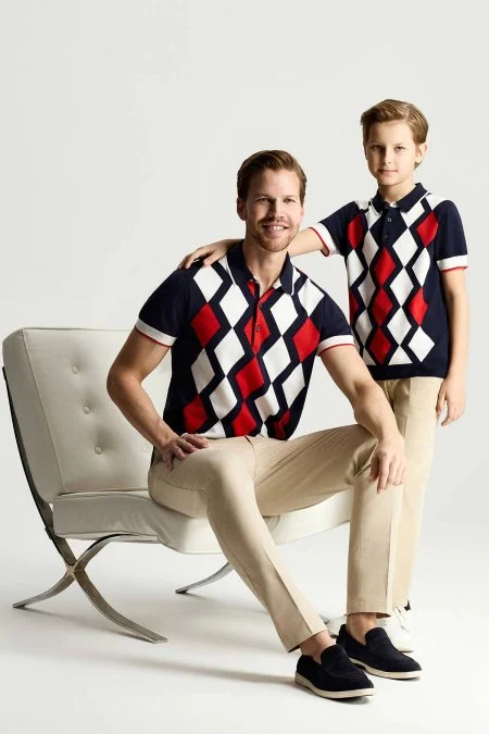 Lacivert Kırmızı Argyle Desen Triko Polo