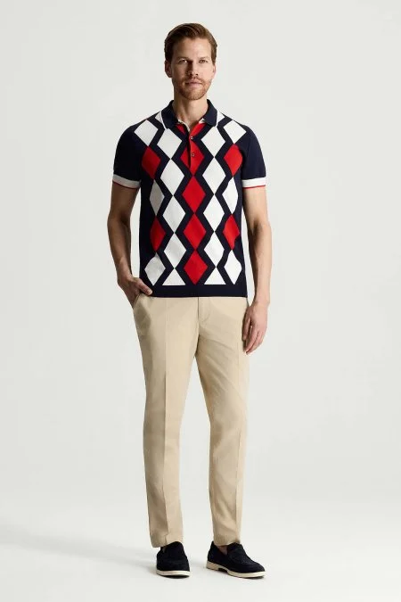 Lacivert Kırmızı Argyle Desen Triko Polo