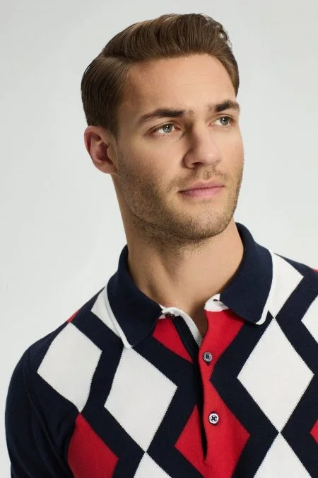 Lacivert Kırmızı Baklava Desen Triko Polo