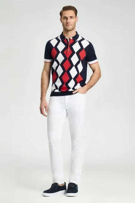 Lacivert Kırmızı Baklava Desen Triko Polo