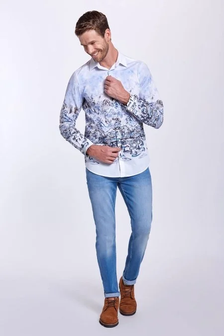 Kış Desen Beyaz Saf Pamuk Gömlek