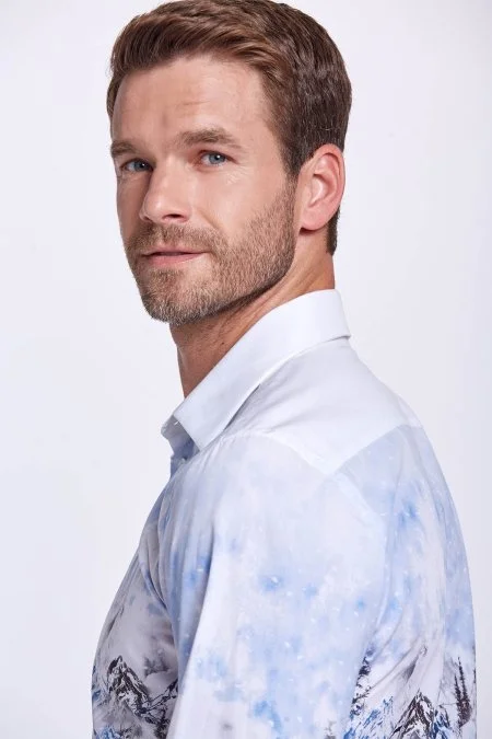 Kış Desen Beyaz Saf Pamuk Gömlek