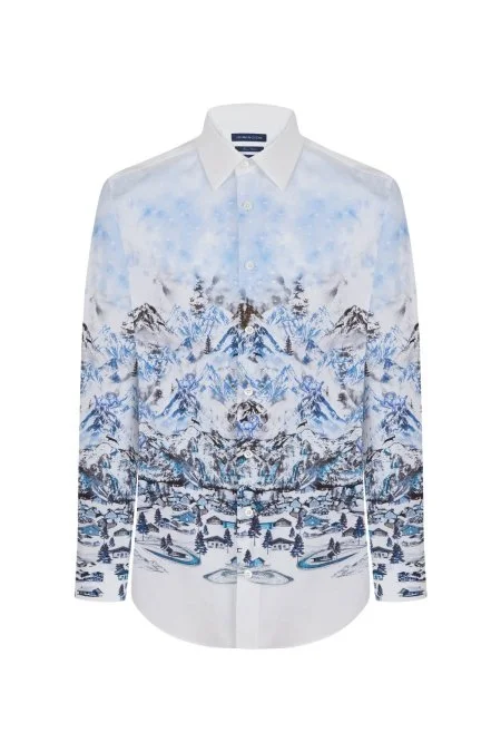 Kış Desen Beyaz Saf Pamuk Gömlek