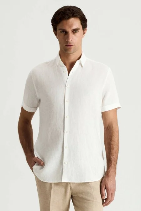 Kısa Kollu Saf Keten Beyaz Gömlek
