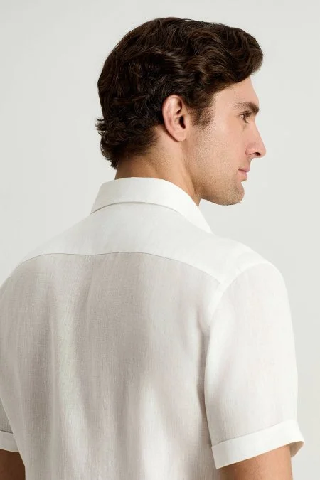 Kısa Kollu Saf Keten Beyaz Gömlek