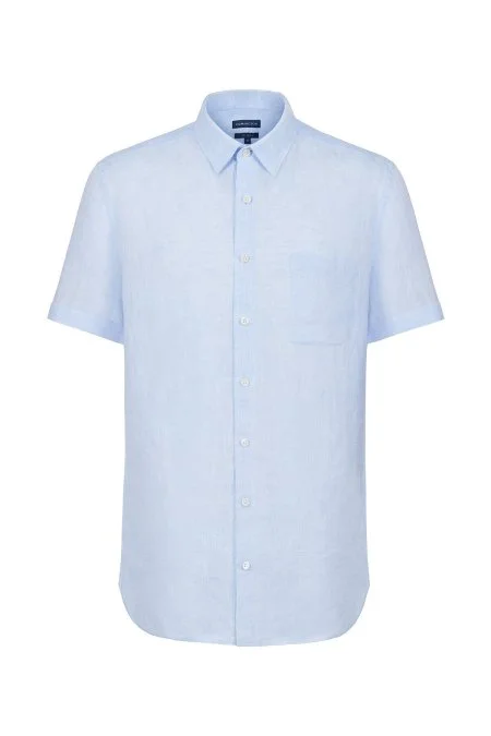 Kısa Kollu Saf Keten Gök Mavisi Gömlek