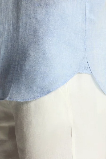 Kısa Kollu Saf Keten Gök Mavisi Gömlek