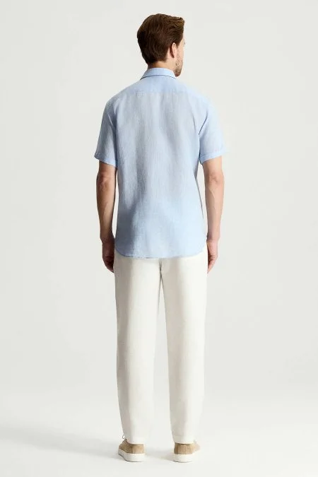 Kısa Kollu Saf Keten Gök Mavisi Gömlek