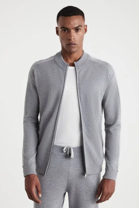 Kolları Şerit Detaylı Fermuarlı Gri Triko Spor Ceket
