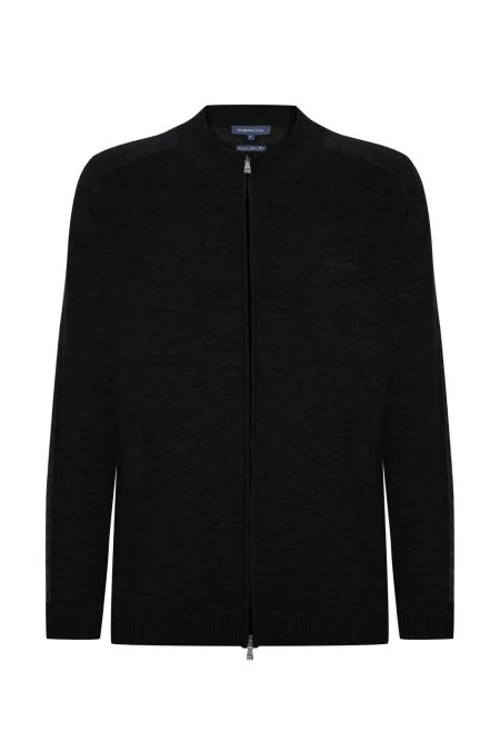 Kolları Şerit Detaylı Fermuarlı Siyah Triko Spor Ceket