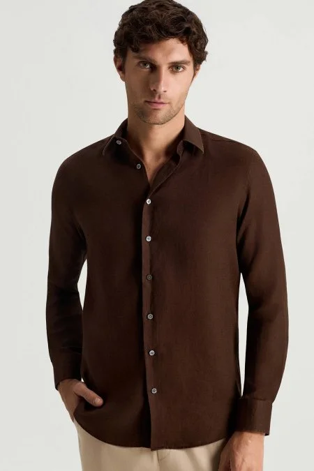 Koyu Kahve Saf Keten Spor Gömlek