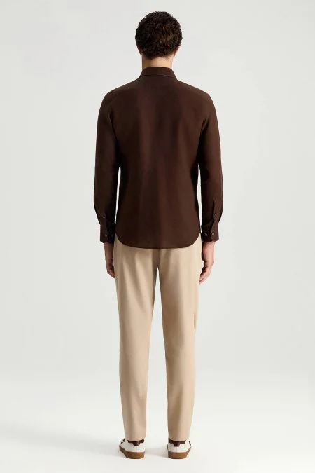 Koyu Kahve Saf Keten Spor Gömlek