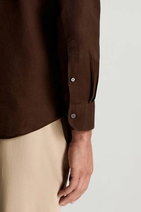 Koyu Kahve Saf Keten Spor Gömlek