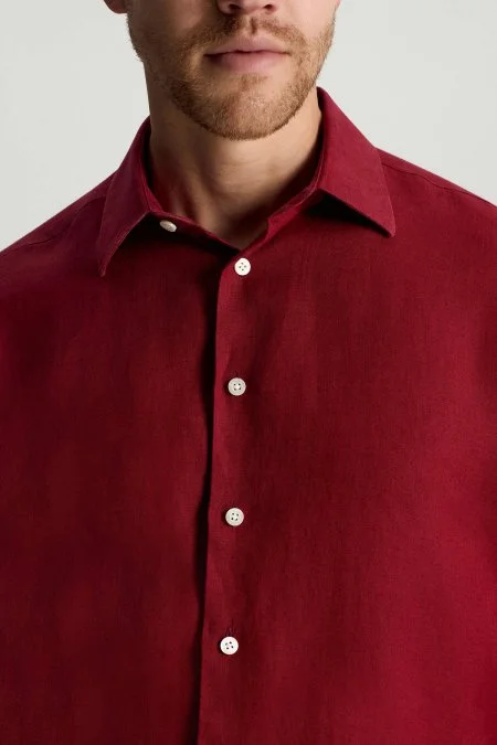 Koyu Kırmızı Saf Keten Spor Gömlek