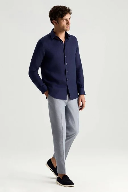 Koyu Lacivert Saf Keten Spor Gömlek