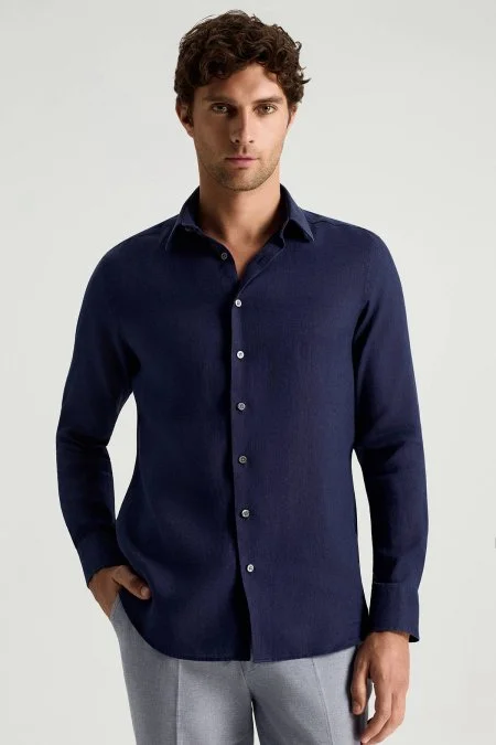 Koyu Lacivert Saf Keten Spor Gömlek