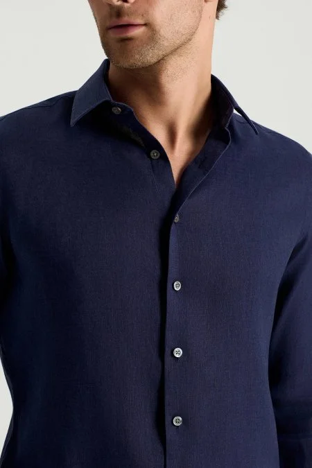 Koyu Lacivert Saf Keten Spor Gömlek