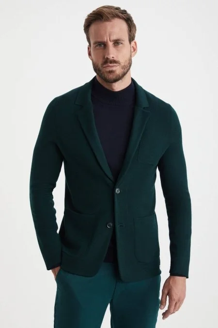 Koyu Yeşil Extrafine Merino Triko Blazer Ceket