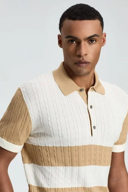 Kum Rengi Düğmeli Yaka Saç Örgü Merserize Pamuk Triko Polo