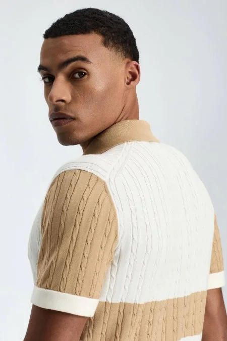 Kum Rengi Düğmeli Yaka Saç Örgü Merserize Pamuk Triko Polo