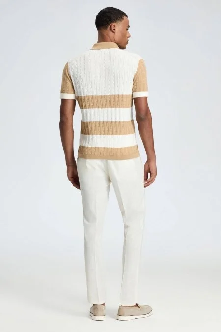 Kum Rengi Düğmeli Yaka Saç Örgü Merserize Pamuk Triko Polo