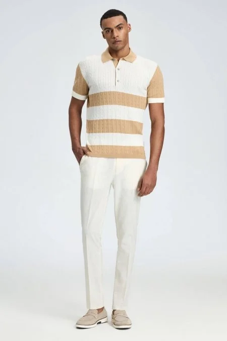 Kum Rengi Düğmeli Yaka Saç Örgü Merserize Pamuk Triko Polo