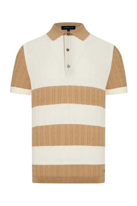 Kum Rengi Düğmeli Yaka Saç Örgü Merserize Pamuk Triko Polo