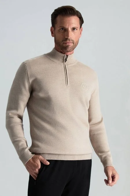 Kum Rengi Fermuarlı Merino Yün Activewear Triko