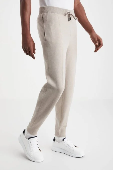 Kum Rengi Merino Yün Activewear Triko Pantolon