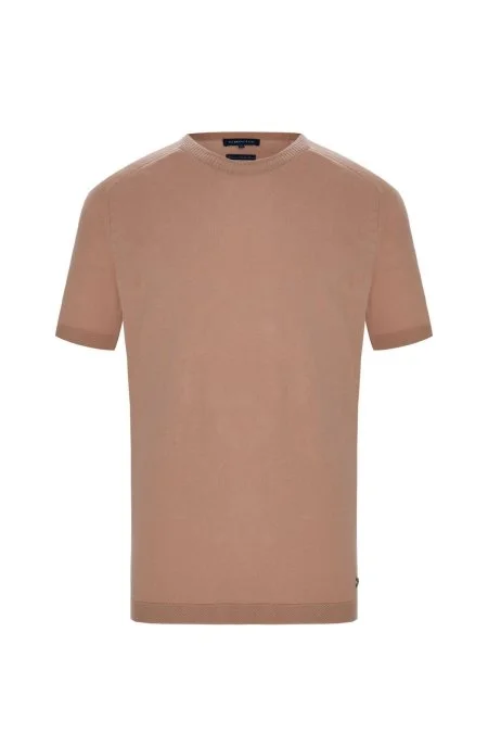 Saf Keten Kum Rengi Bisiklet Yaka T-Shirt