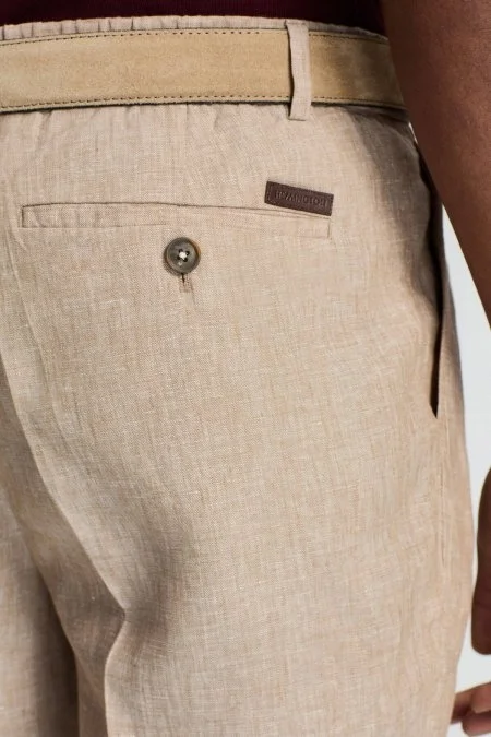 Saf Keten Kum Rengi Pileli Şort