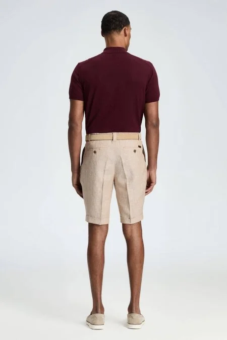 Saf Keten Kum Rengi Pileli Şort