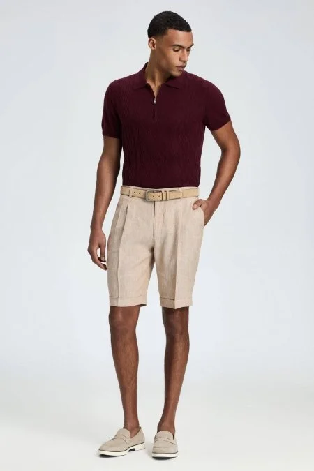 Saf Keten Kum Rengi Pileli Şort