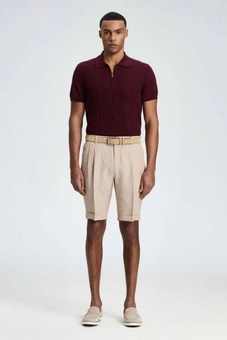 Saf Keten Kum Rengi Pileli Şort