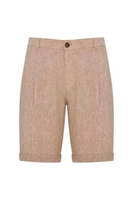 Saf Keten Kum Rengi Pileli Şort