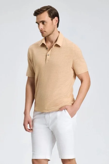 Saf Keten Kum Rengi Polo Yaka T-Shirt