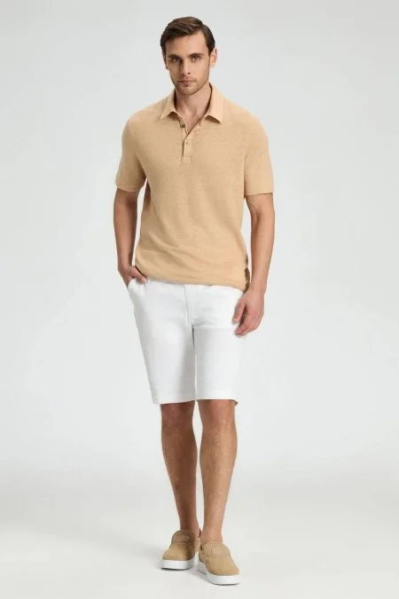 Saf Keten Kum Rengi Polo Yaka T-Shirt