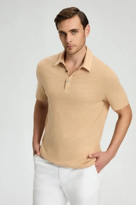 Saf Keten Kum Rengi Polo Yaka T-Shirt