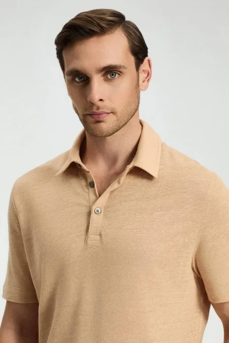 Saf Keten Kum Rengi Polo Yaka T-Shirt