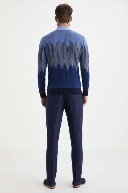 Balıkçı Yaka Desen Kaşmir Lacivert Kazak
