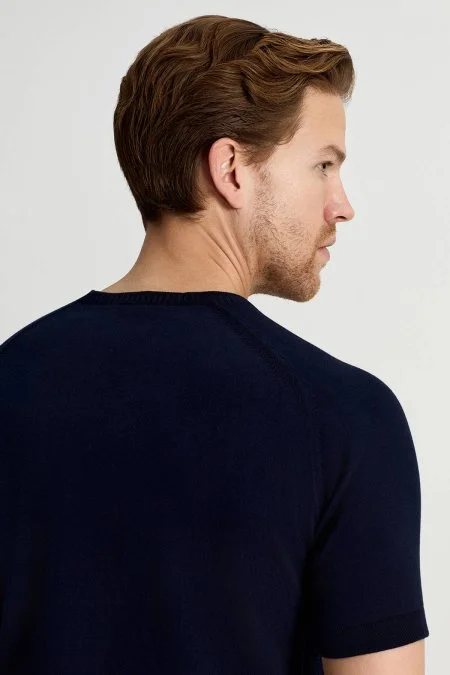 Bisiklet Yaka Lacivert Giza Pamuk Triko T-Shirt