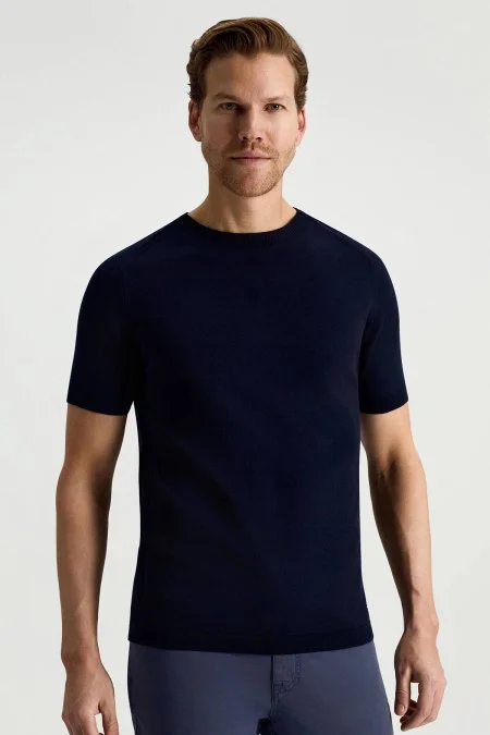 Bisiklet Yaka Lacivert Giza Pamuk Triko T-Shirt